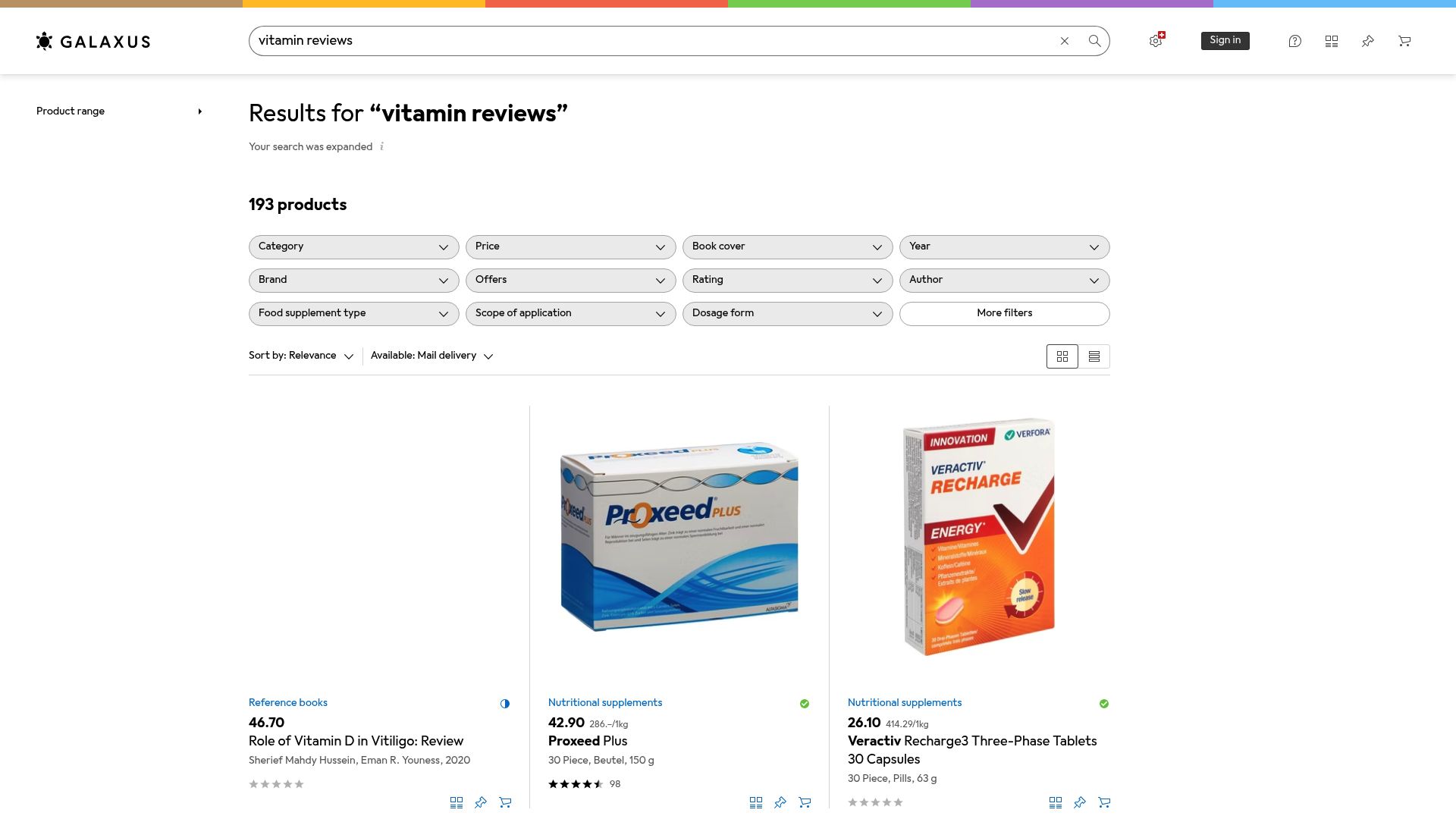 screenshot of Galaxus vitamin reviews section showing star ratings and customer comments about energy supplements