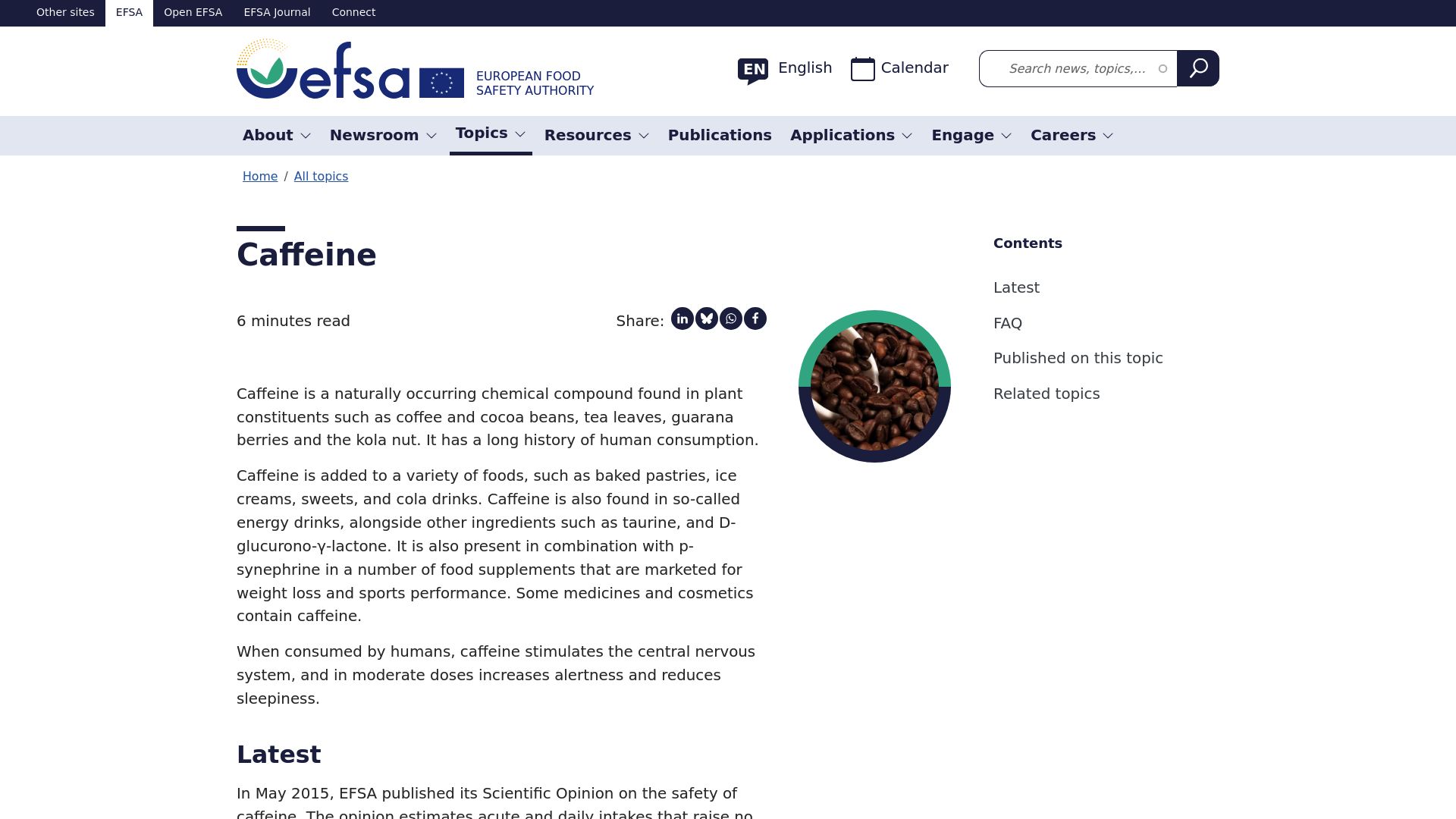 Detail table screenshot from EFSA or a reputable medical site showing caffeine limits per day for adults and pregnant women.