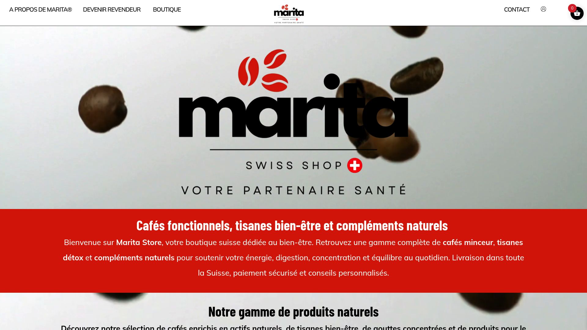 Homepage of maritastore.ch showing the official branding, Swiss flag, and main coffee products like Burn and Control