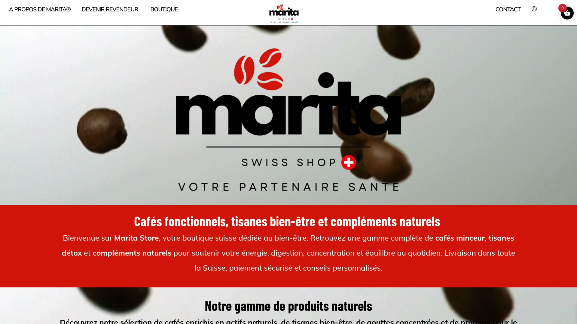 Maritastore.ch homepage screenshot showing the official branding and Swiss distribution badges