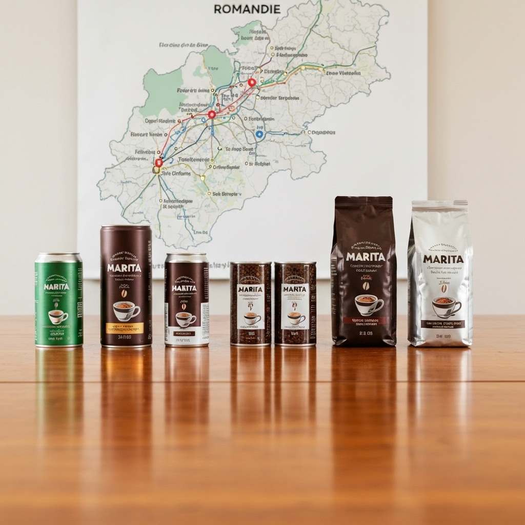 A comprehensive map of Romandie highlighting delivery routes from Sion with Marita coffee products in the foreground on a wooden table