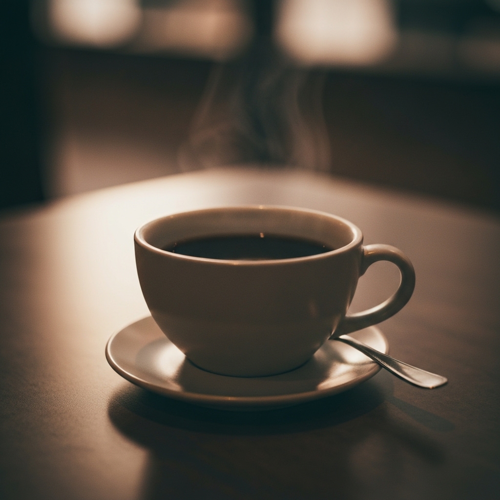 Close up of a hand holding a cup of Marita functional coffee with coffee beans and herbs in the background on a wooden table