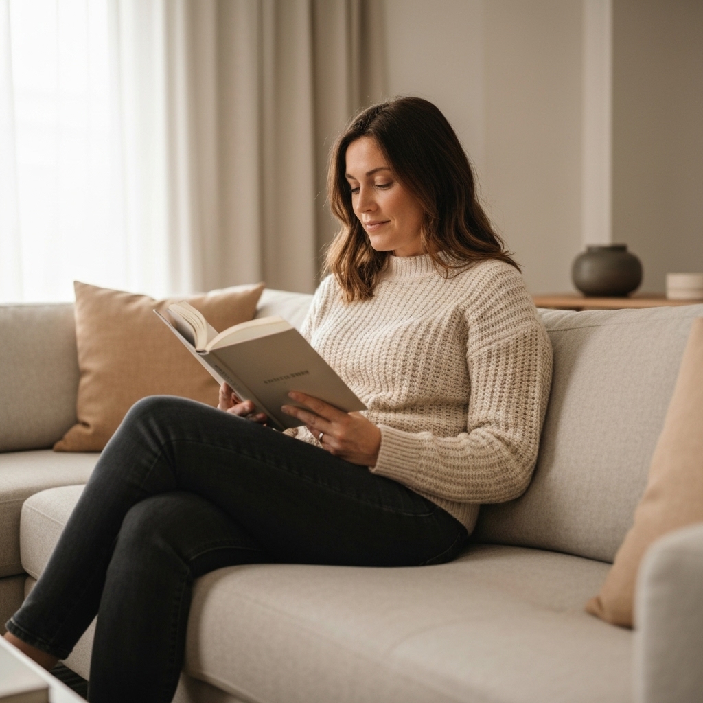 Femme suisse consultant des avis sur sa tablette dans un salon confortable avec une tasse de café