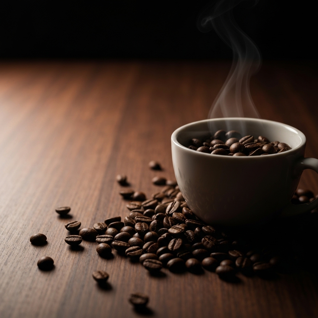 Close up shot of Marita coffee beans and a cup of functional coffee with steam, warm and inviting atmosphere.
