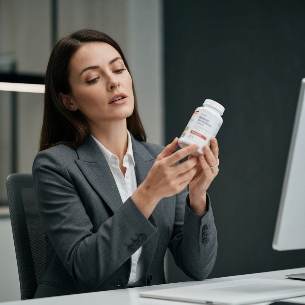 A photorealistic image of a tired professional woman in a modern Swiss office looking at a natural energy supplement bottle with curiosity, soft natural lighting.
