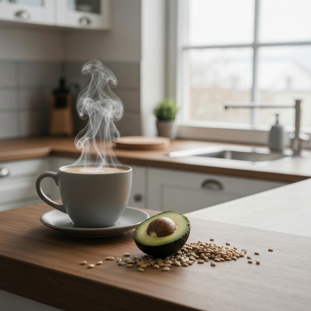 A cozy, modern Swiss kitchen setting with a steaming cup of protein coffee next to fresh wellness ingredients like avocado and healthy grains.