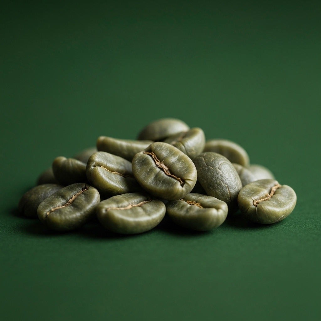 Close up of fresh raw green coffee beans in a wooden bowl next to a white capsule showing the contrast between natural bean and processed pill