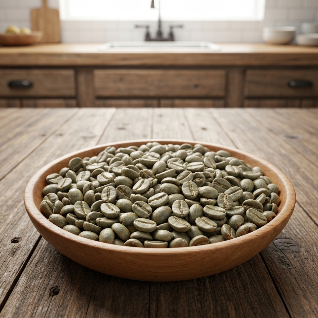 Close up of raw green coffee beans in a wooden bowl next to a cup of brewed functional coffee