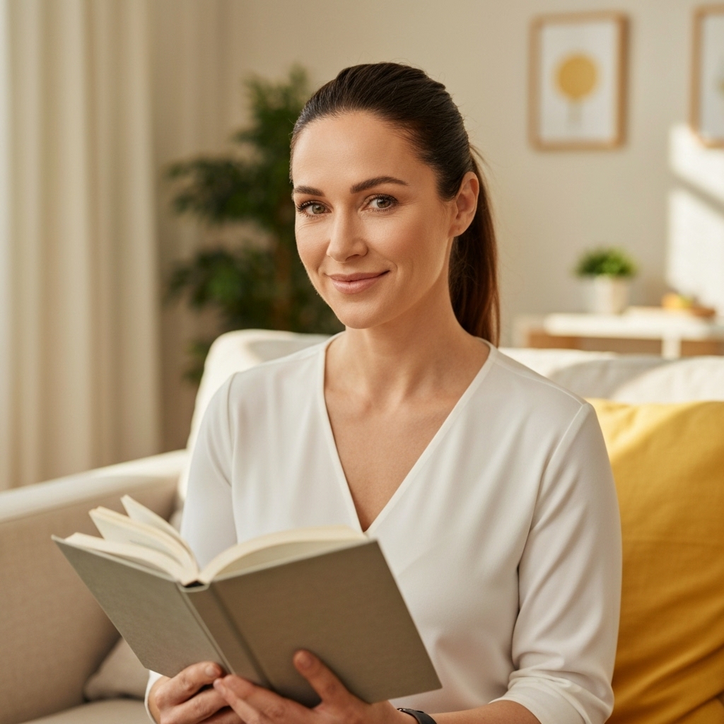 Femme souriante tenant une tasse de tisane chaude, se sentant légère et détendue dans un salon lumineux