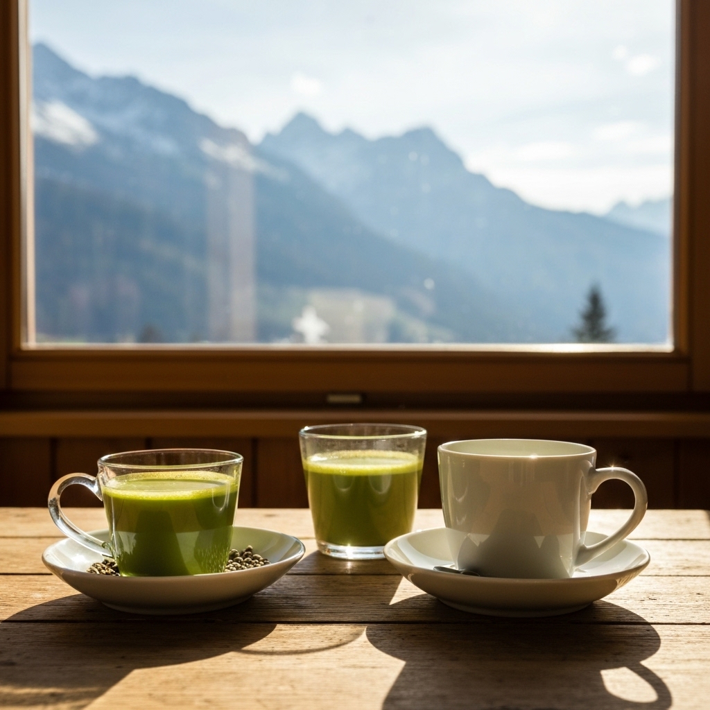A cozy morning setting in Switzerland with a variety of healthy hot beverages like Matcha and Chicory on a wooden table