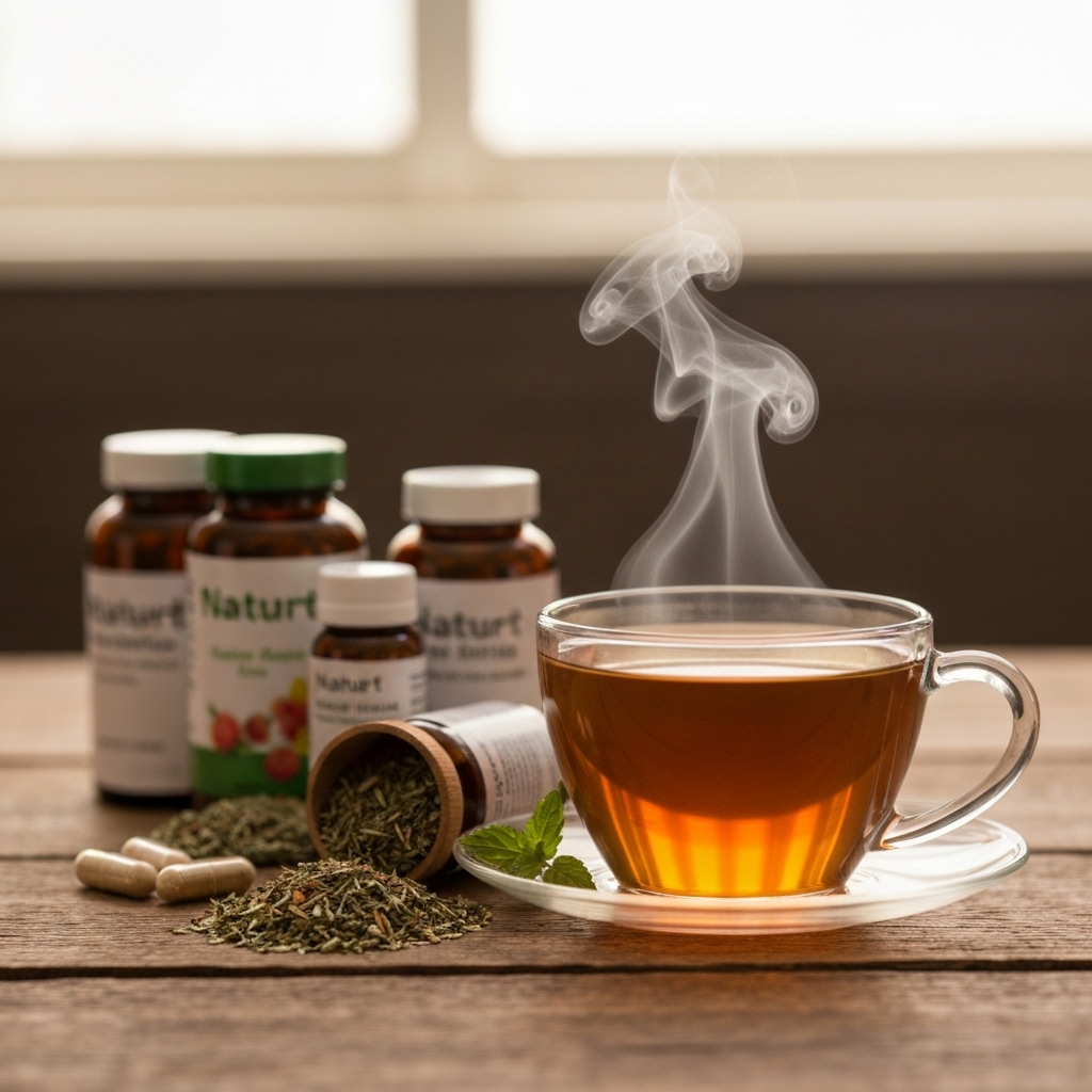A calming image of a cup of herbal tea and natural supplements on a wooden table with soft lighting, symbolizing relaxation and wellness.