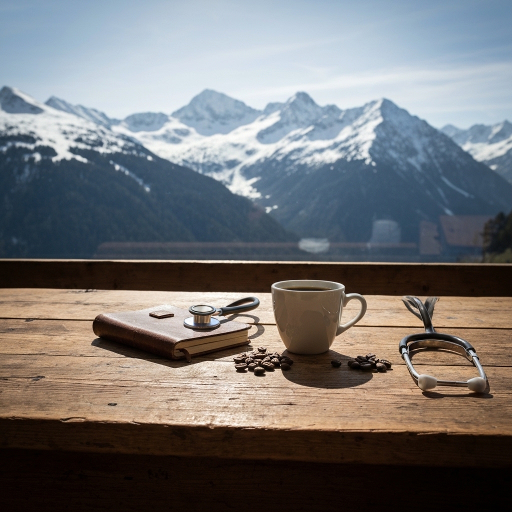 Photoréalistic image of a cozy Swiss wooden table with a warm cup of black coffee, fresh coffee beans, and a small notebook with a stethoscope next to it implies medical safety.