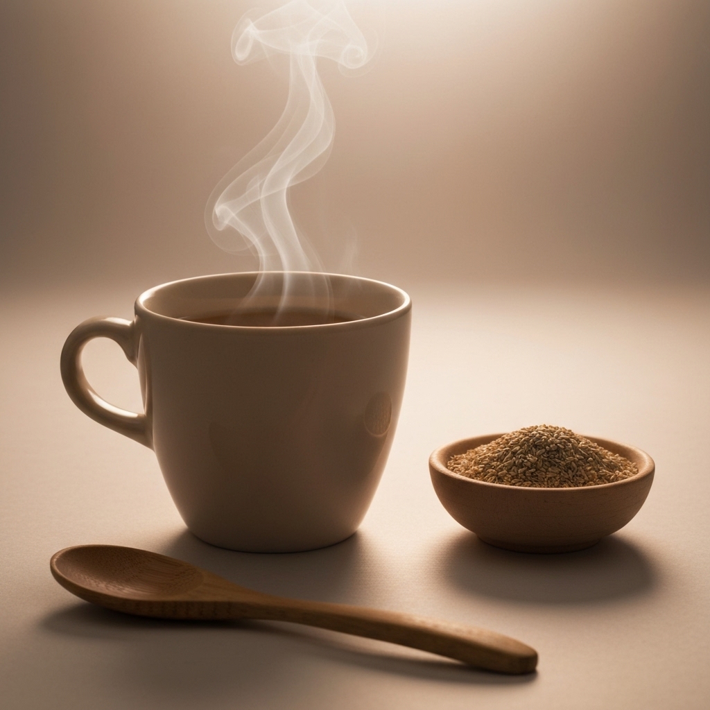 A cozy, warm photography of a cup of functional coffee next to natural ingredients like ginger and psyllium on a wooden table, soft lighting emphasizing comfort and health.