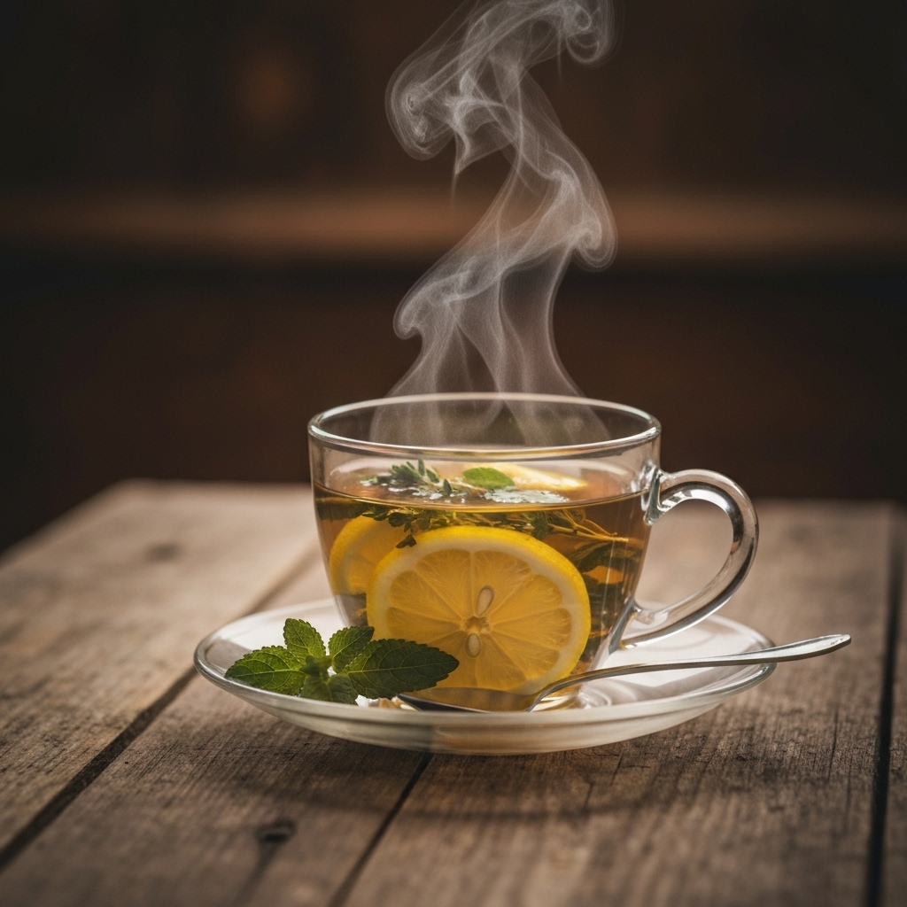 Une tasse de tisane fumante avec des herbes fraîches et du citron sur une table en bois rustique en Suisse