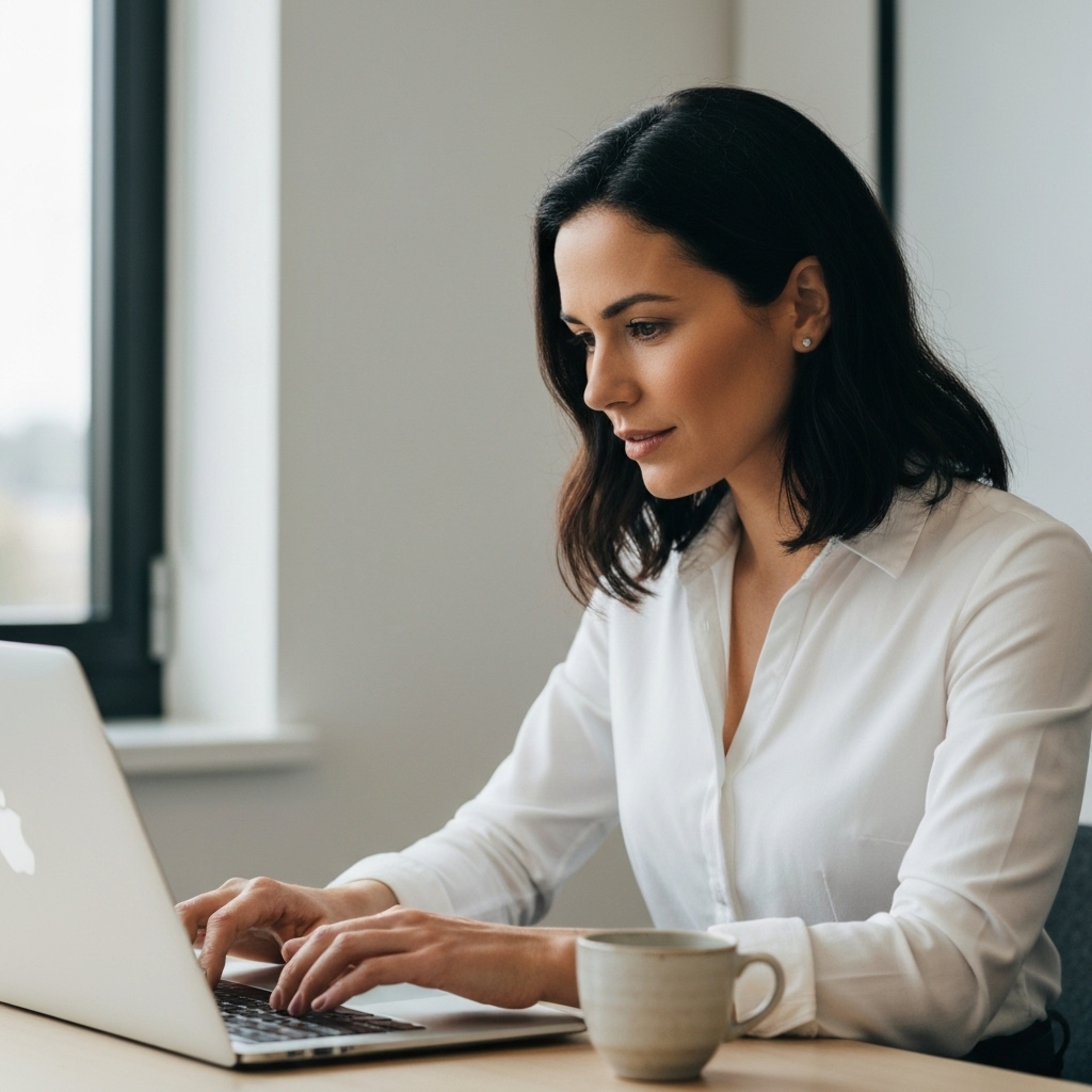 A professional woman in Switzerland looking focused and working productively on a laptop with a cup of coffee nearby