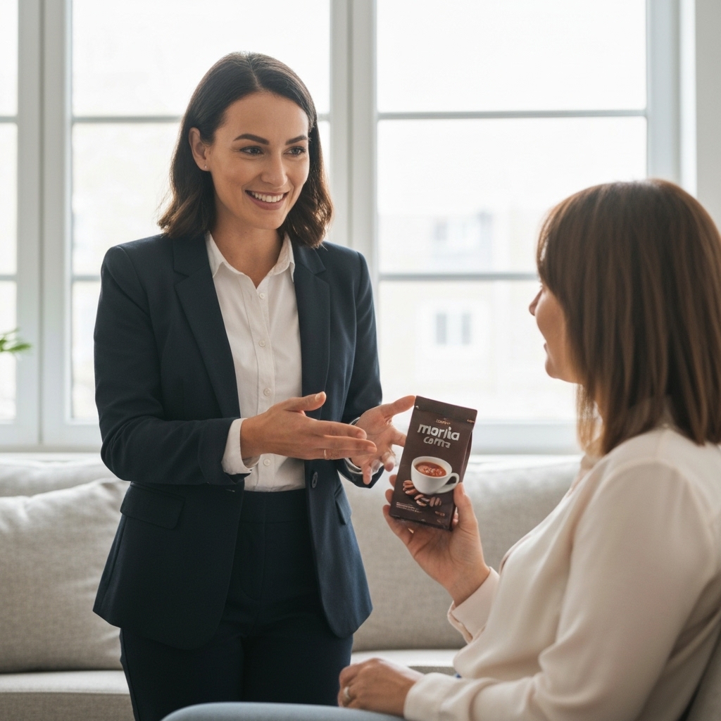 A wellness consultant explaining the benefits of Marita coffee to a customer in a bright living room context