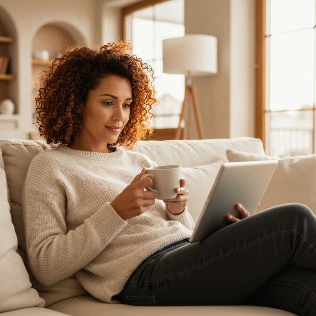 Realistic photo of a swiss woman enjoying a cup of functional coffee in a cozy living room looking at a tablet