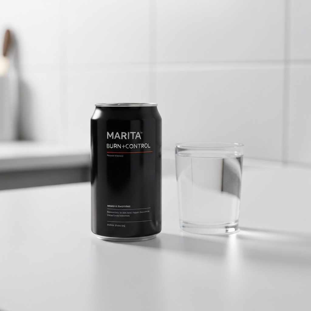 Close up of Marita Burn+Control can packaging on a clean kitchen counter next to a glass of water