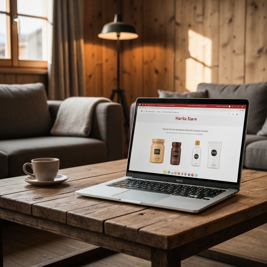 A cozy Swiss living room setting with a laptop open on the Marita Store website showing functional coffee products