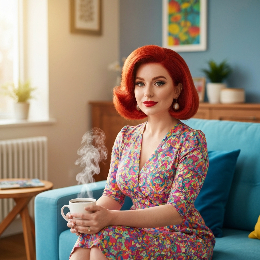Close up of a happy woman drinking functional coffee in a cozy modern living room looking satisfied