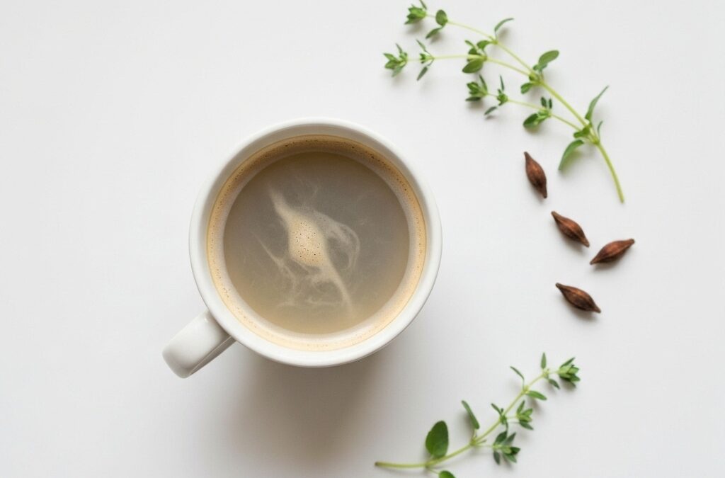 Une tasse de café élégante entourée d'ingrédients naturels pour la liste ingrédients café minceur Marita.