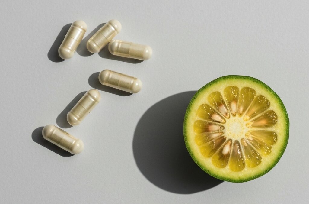 Gélules et fruit de Garcinia cambogia sur une surface neutre, évoquant une analyse des avis négatifs.