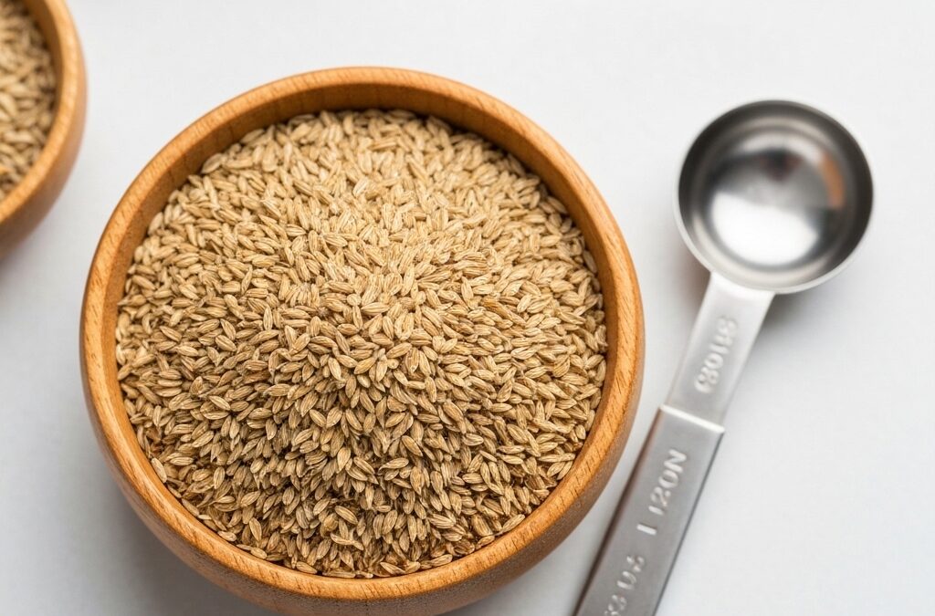 Psyllium husks in a bowl with a measuring spoon, illustrating scientific research on psyllium pour digestion avis.
