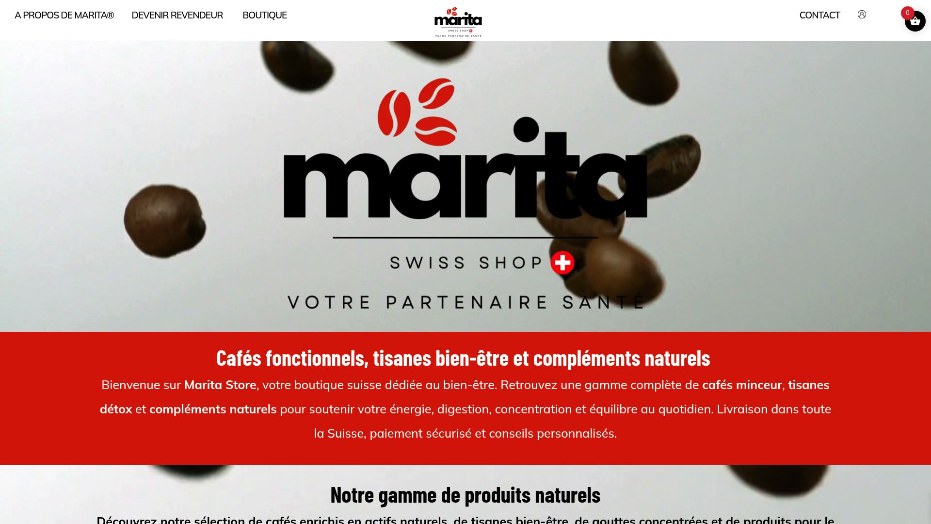 Screenshot of the maritastore.ch homepage showing the variety of coffee products available for Swiss customers.