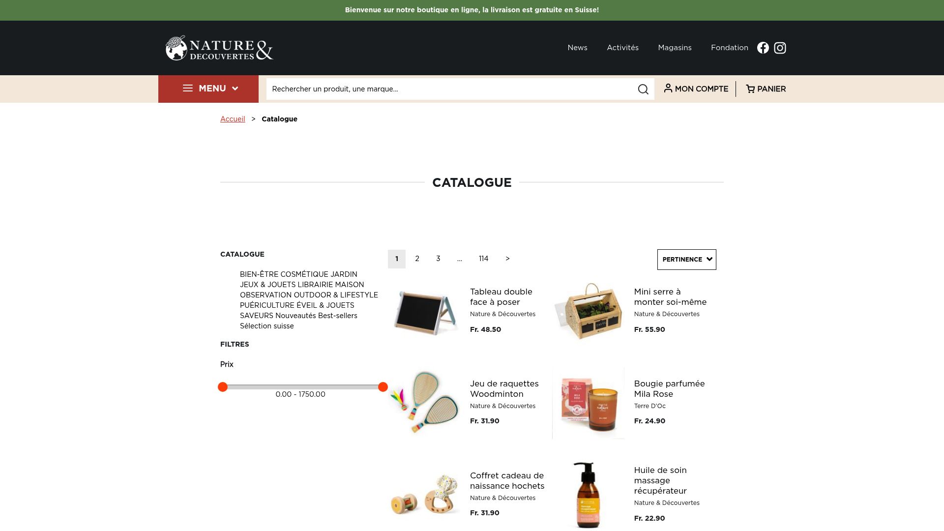 Screenshot of the Nature & Découvertes Suisse website showing the product Cure 21 jours infusions détox