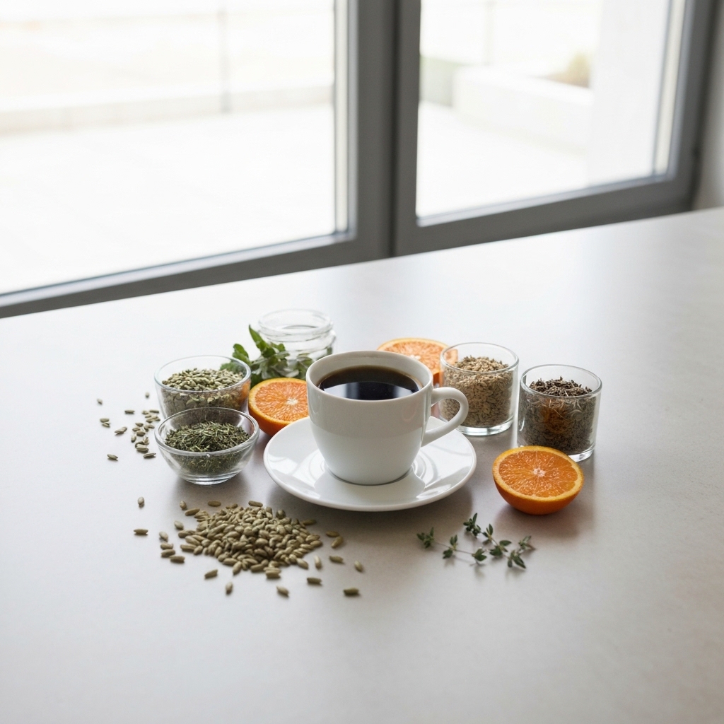 Modern kitchen counter with elegant coffee cup surrounded by fresh natural ingredients like green coffee beans, herbs, and botanical extracts in glass containers, soft morning sunlight streaming through window