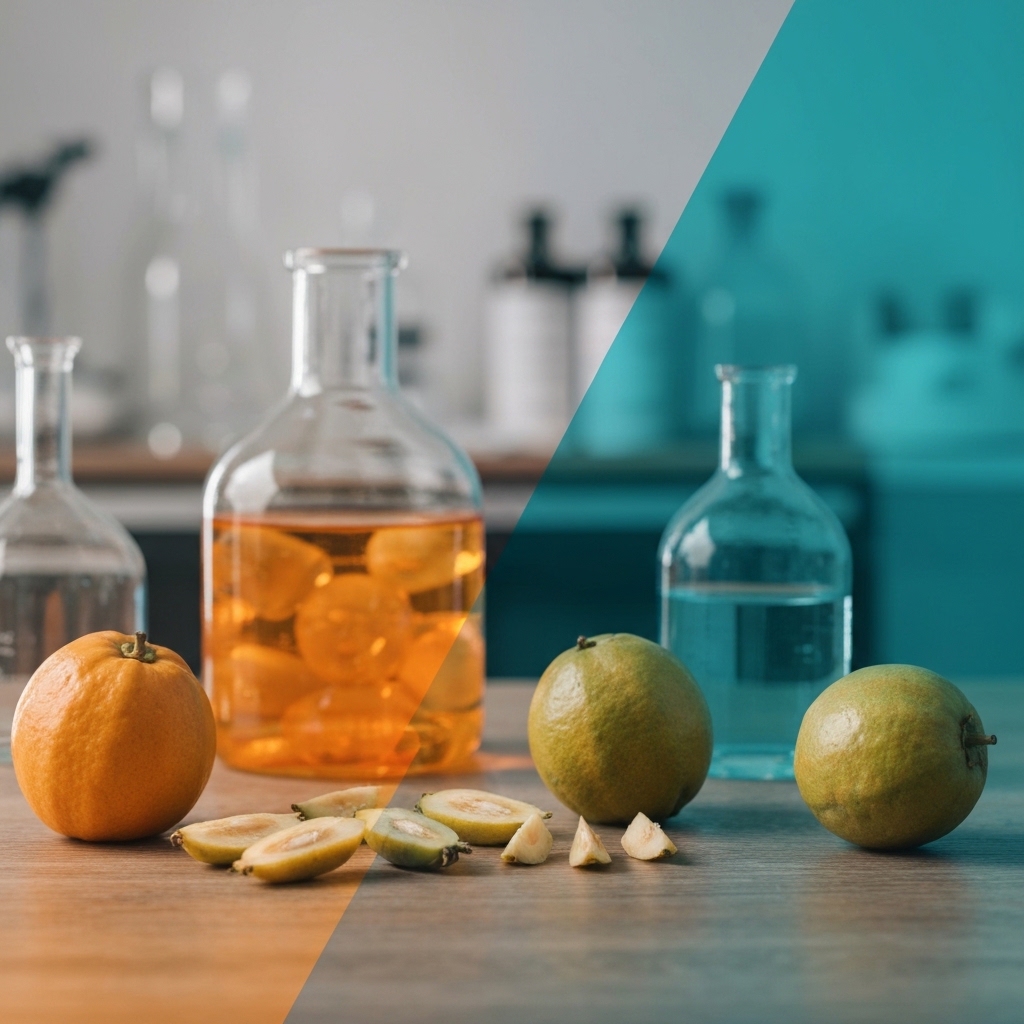 Fresh Garcinia cambogia fruit cut in half showing yellow pulp on wooden laboratory table with scientific glassware and research equipment in soft-focused background
