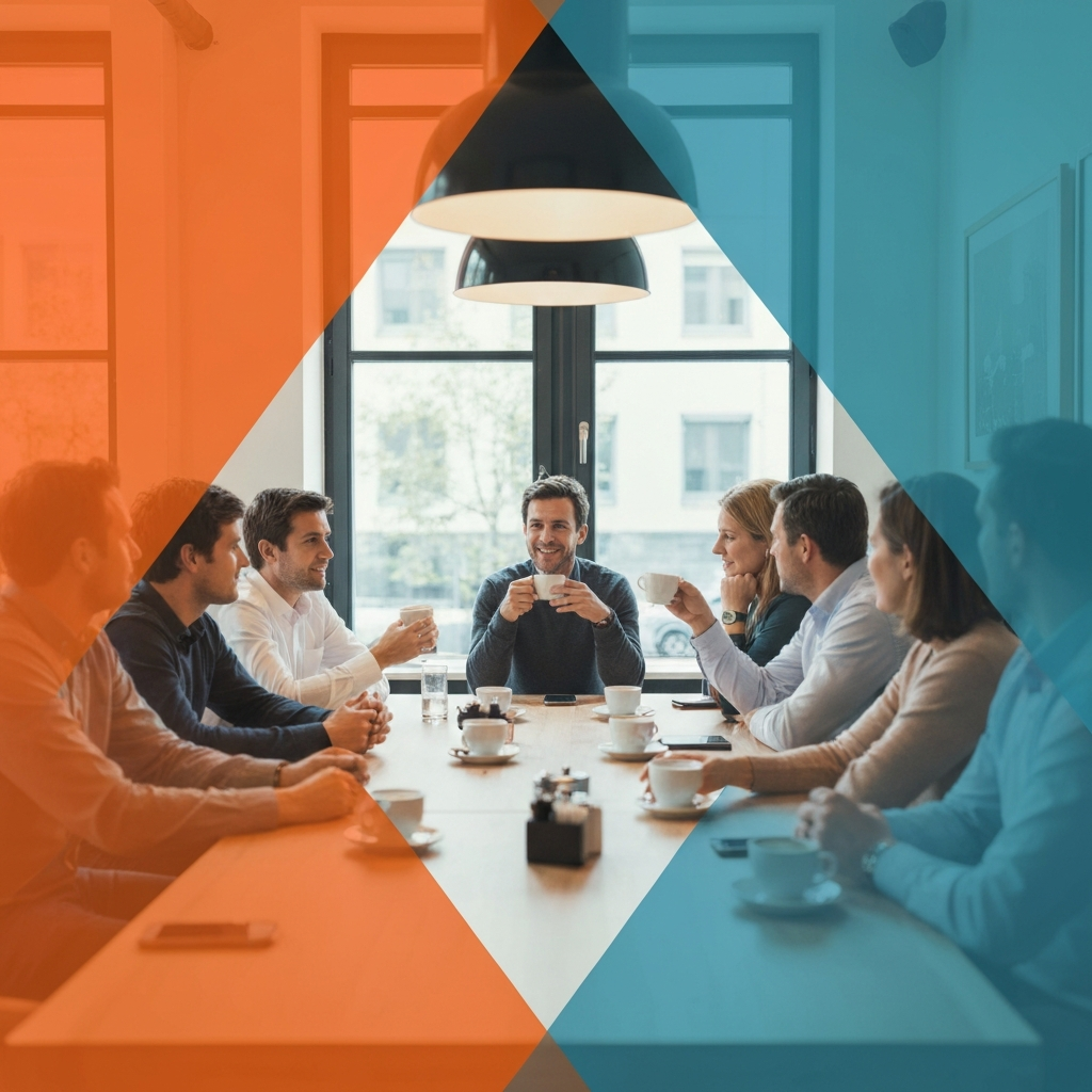 Groupe de personnes suisses assises autour d'une table moderne discutant avec des tasses de café spécial, ambiance de discussion authentique dans un café contemporain de Suisse romande, sans texte visible
