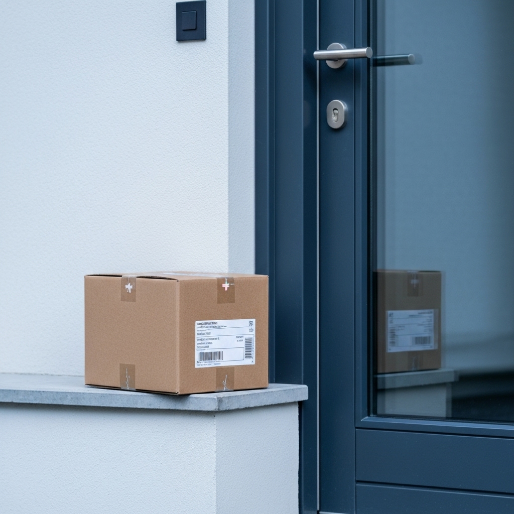AI generated image of a swiss package delivery box in front of a modern zurich door