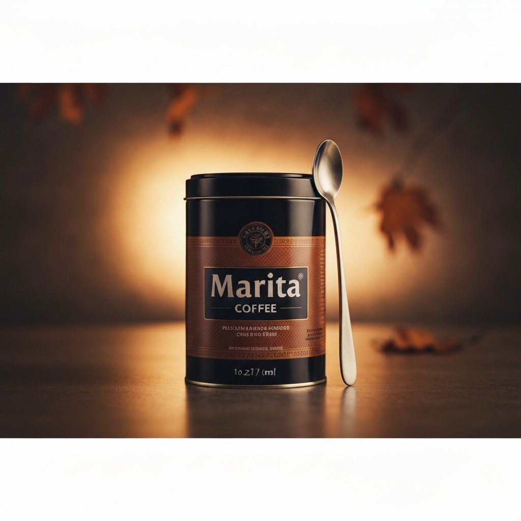 A split composition showing a premium Marita coffee tin on a wooden table versus a pile of generic, unbranded sachet coffee on a sterile white background, highlighting quality difference