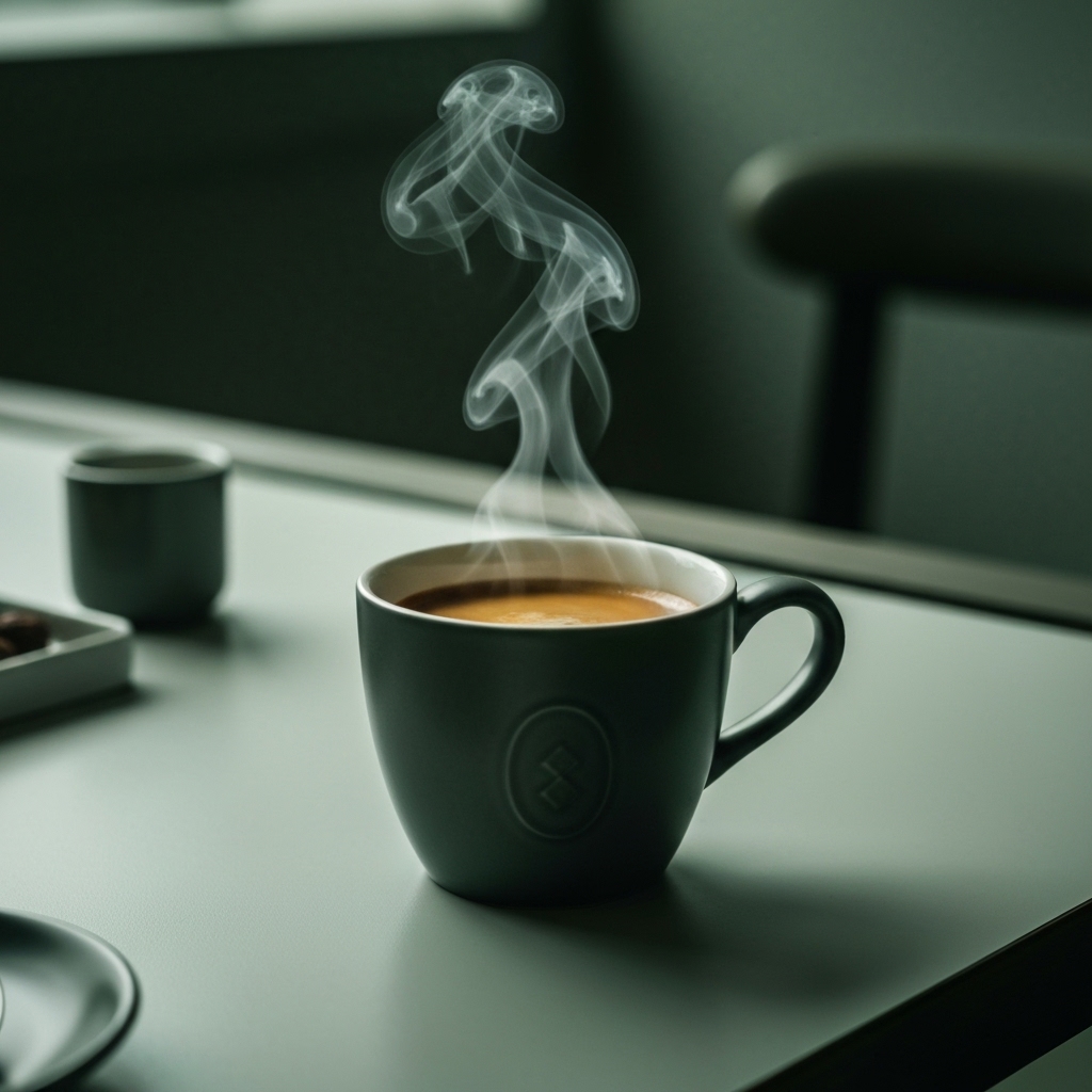 A professional and inviting photo of a steaming cup of functional coffee surrounded by natural ingredients like green coffee beans and garcinia cambogia on a wooden table.