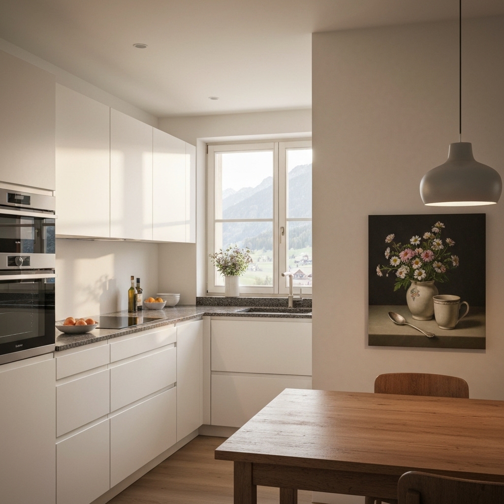 A cozy, modern Swiss kitchen setting showing a tin of Marita Coffee, a spoon, and a glass of water on a wooden table, soft morning lighting.