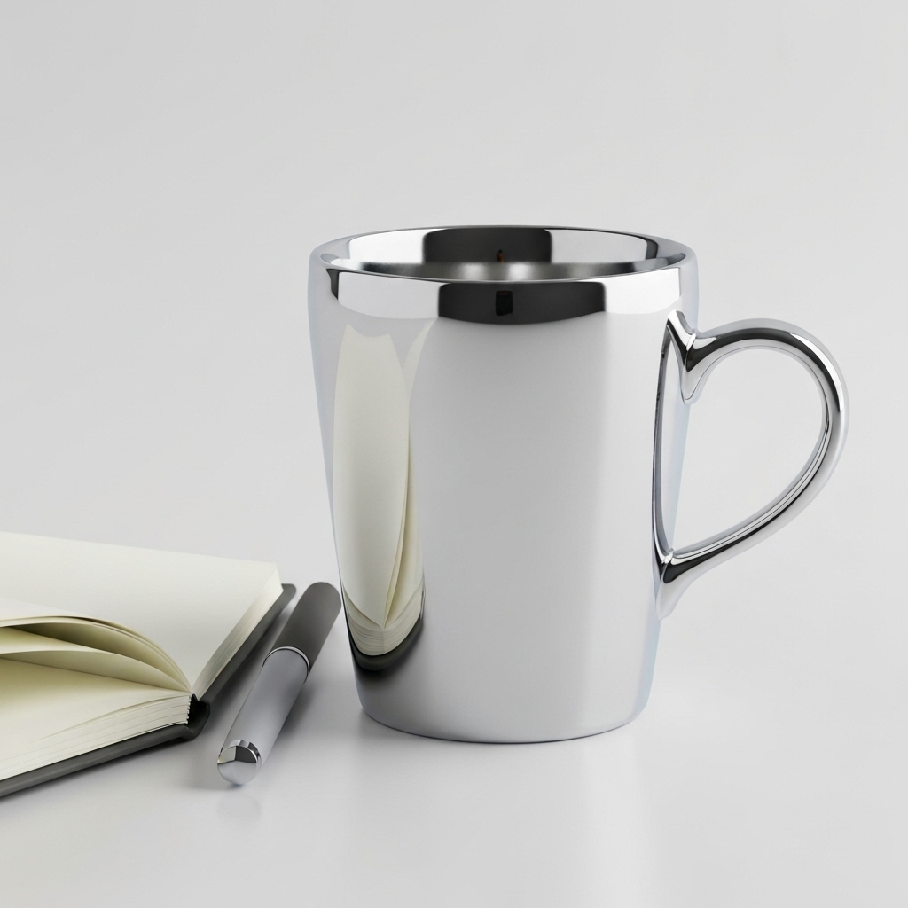 Aesthetic photo of a customized Marita coffee cup on a modern desk with a notebook and pen