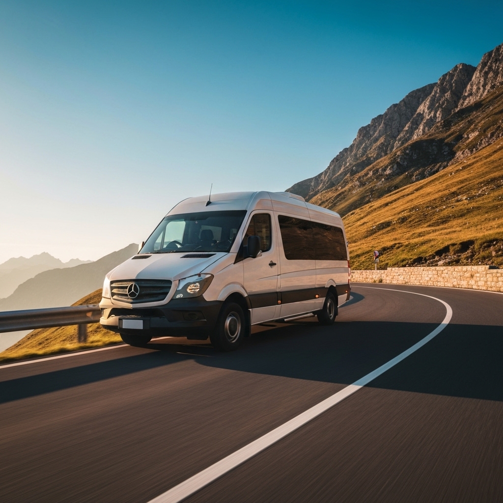Imaginez un camion de livraison sur une route de montagne suisse magnifique, pour symboliser l
