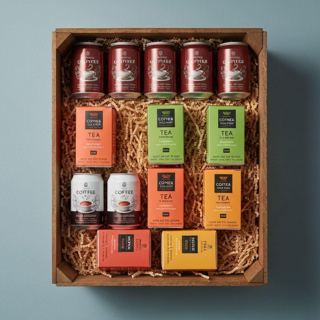 High-quality image of Marita products (coffee cans and tea boxes) neatly packed in a cardboard box, ready for shipment.