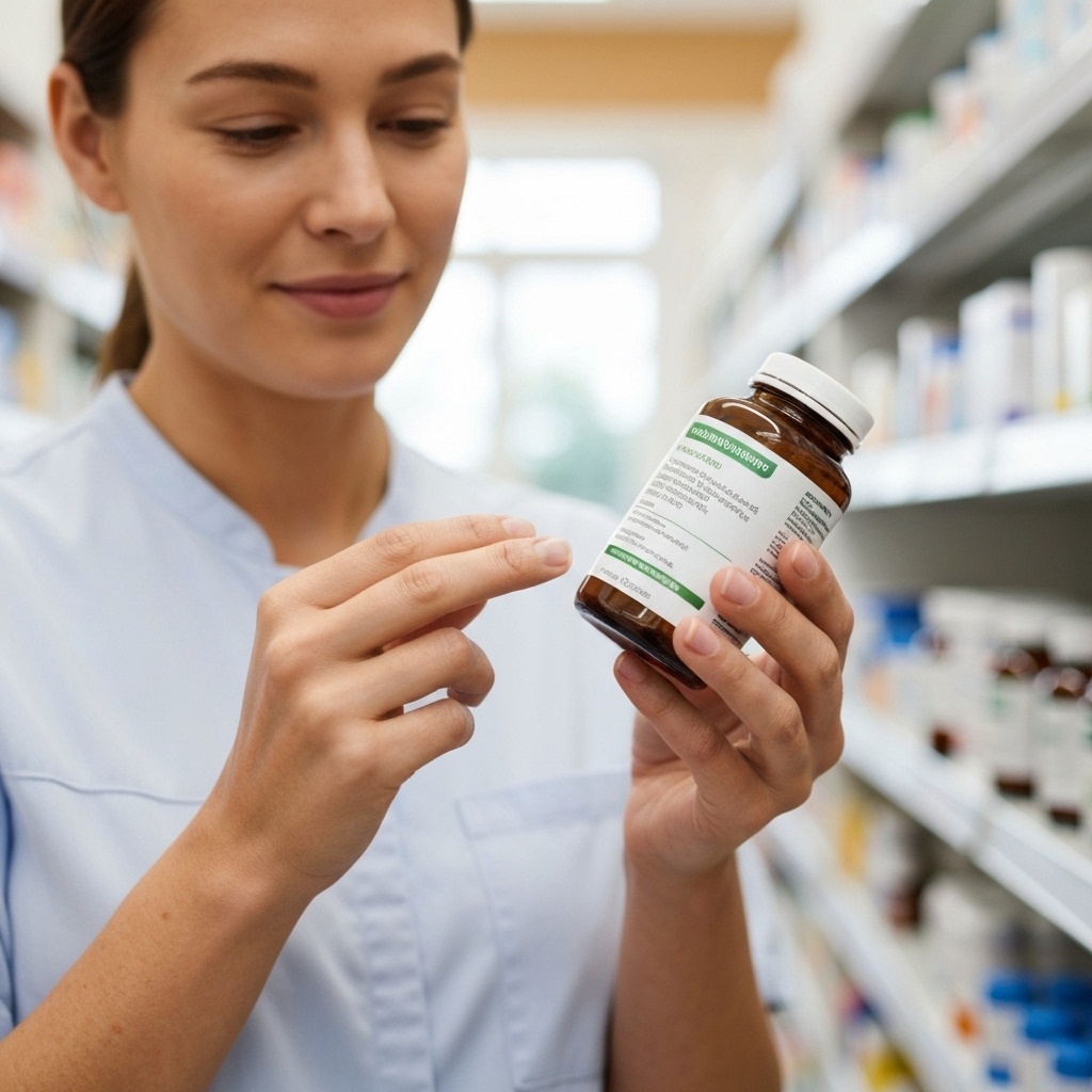 Close up of a person carefully reading the ingredient label of a natural supplement bottle in a pharmacy setting