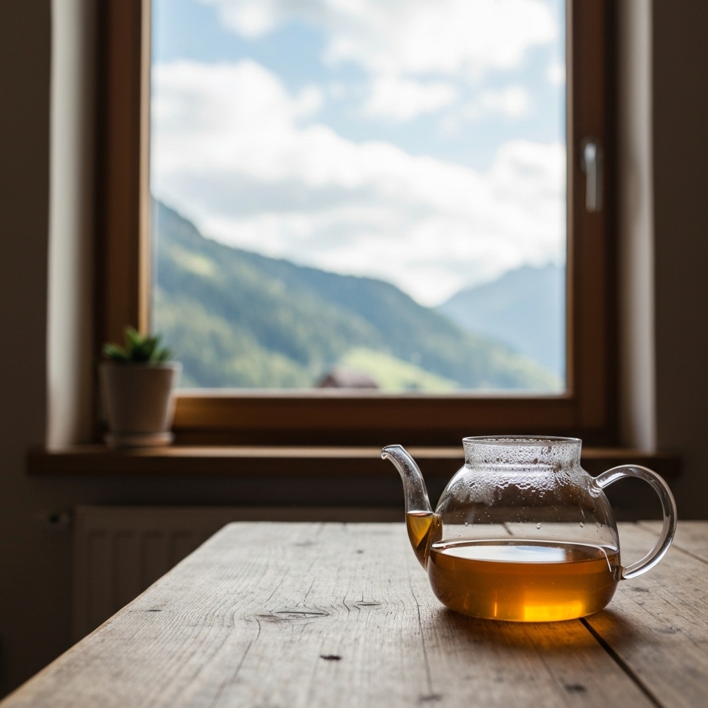 A cozy Swiss living room scene with a glass teapot containing herbal tea on a wooden table, overlooking a blurry mountain view, natural lighting, photorealistic style