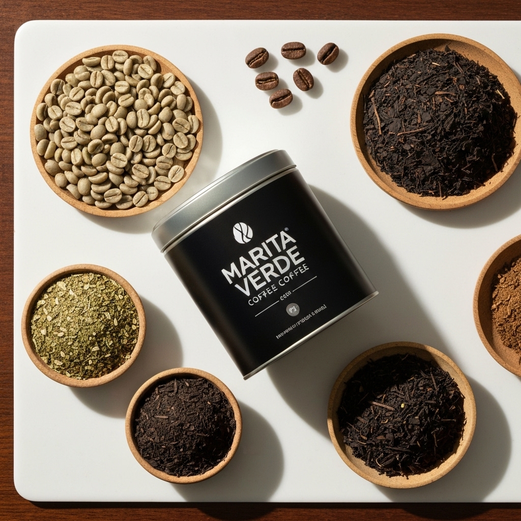 A flat lay composition on a wooden table with green coffee beans, yerba mate leaves, and a tin of Marita Verde coffee.