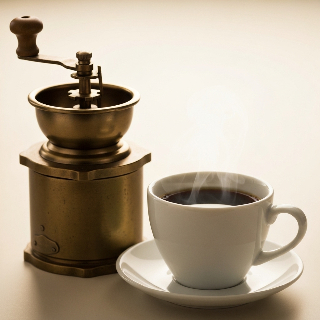 Realistic photo of a steaming cup of dark coffee next to a dried Garcinia Cambogia fruit and a measuring tape, natural light, wooden table background