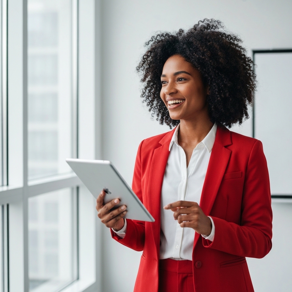 Happy woman looking at a tablet in a bright kitchen, appearing satisfied with her online purchase of wellness products