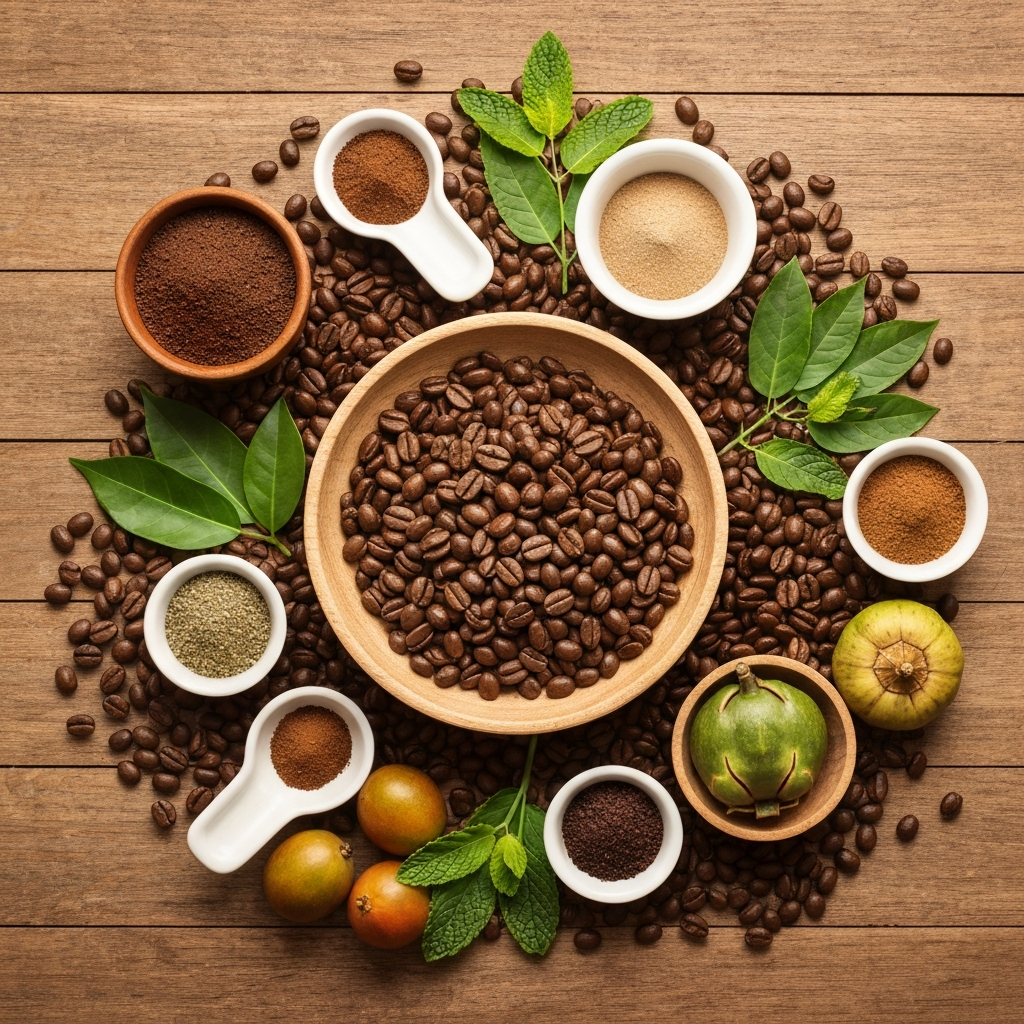 Close-up photograph of premium coffee beans surrounded by natural botanical ingredients like green coffee extract, garcinia fruit, and moringa leaves, arranged on a wooden surface with soft natural lighting to illustrate the natural composition of weight management coffee