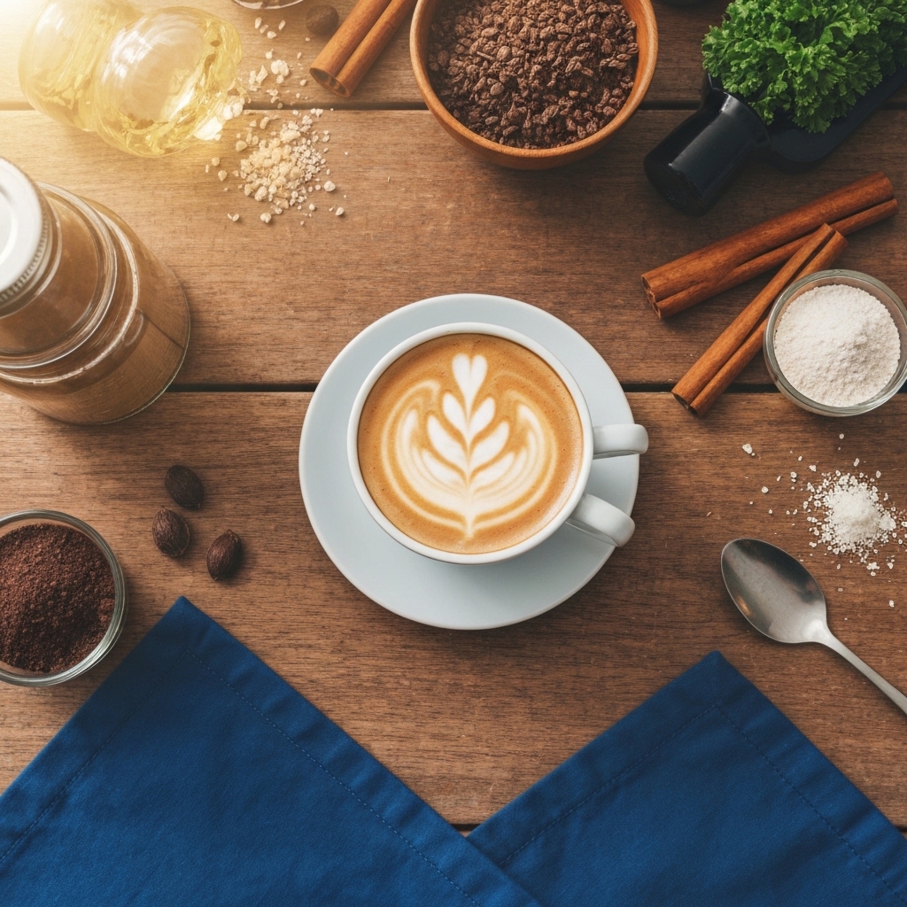 Close-up of coffee cup on wooden table with natural ingredients scattered around, warm morning light, healthy lifestyle concept
