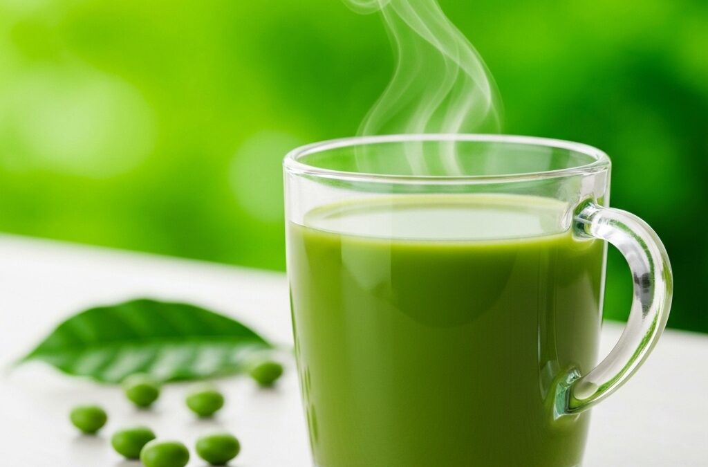 Tasse de café vert fumant sur surface claire, avec grains. Image fraîche et saine du café vert minceur.