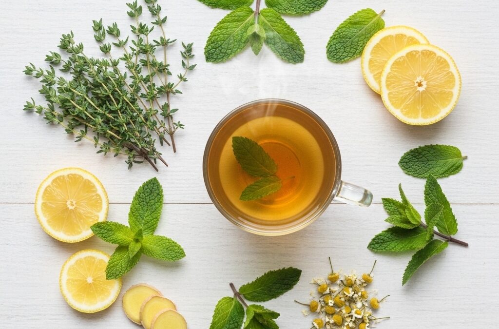 Une tasse fumante de tisane détox naturelle suisse entourée d'herbes fraîches et de citron, sur une table en bois clair.