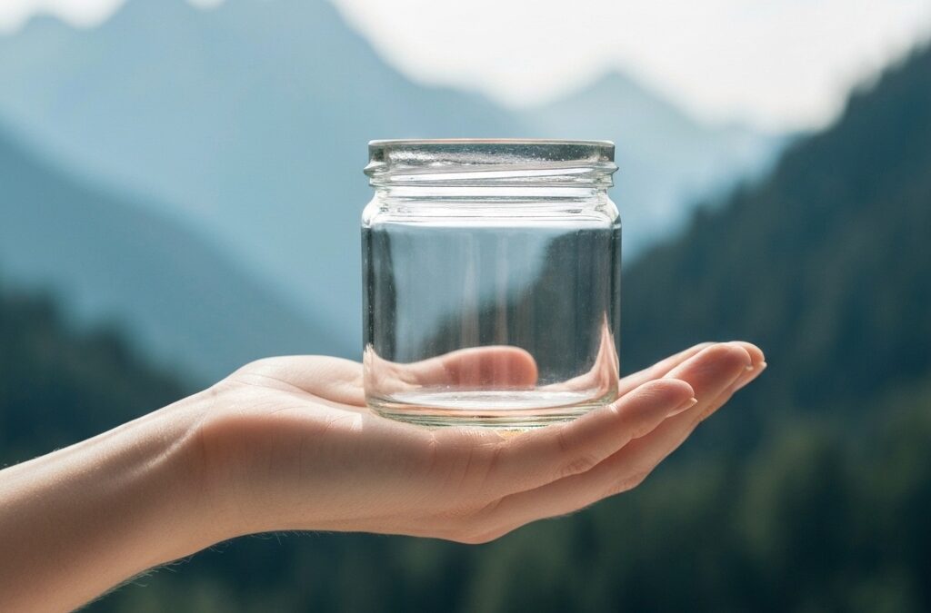 Main tenant un flacon élégant devant paysage alpin flou, représentant des produits Marita officiel suisse.