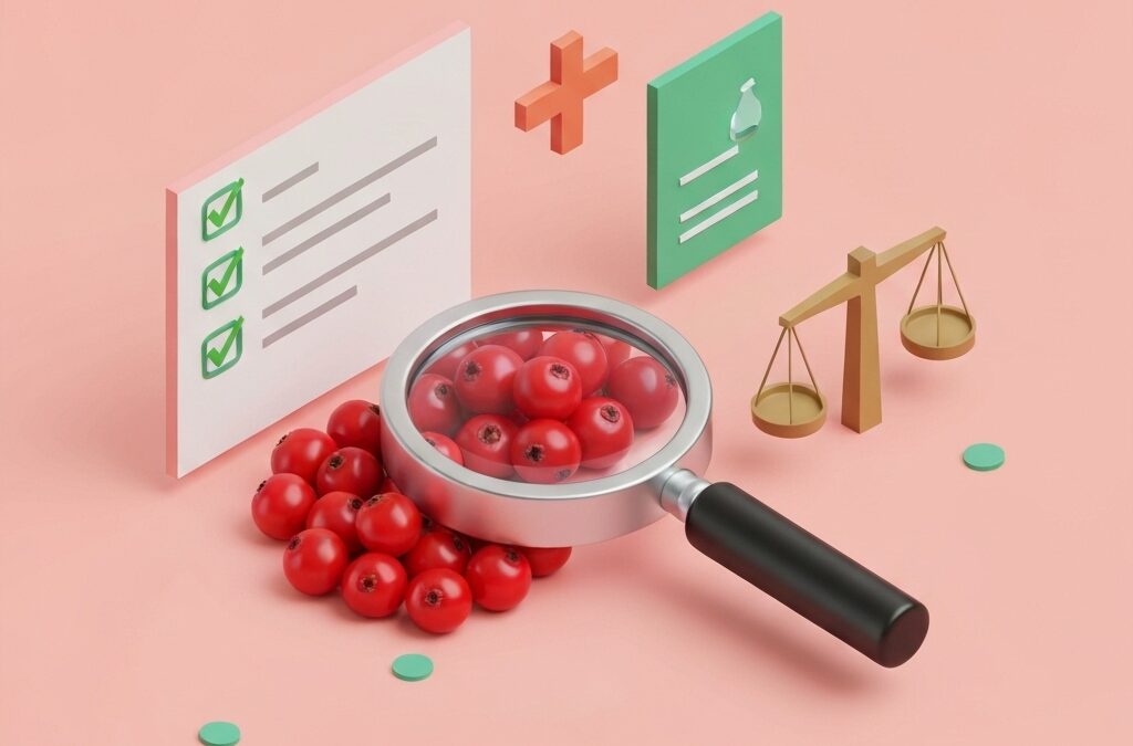 Rendu 3D isométrique de baies de guarana sous une loupe avec checklist, illustrant l'avis sur ses bienfaits minceur.